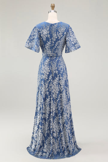 Blue Burnout Velvet A Line Mother of the Bride Dress with Short Sleeves
